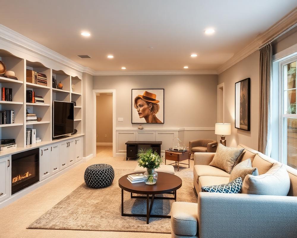 Finished basement with built-in shelving