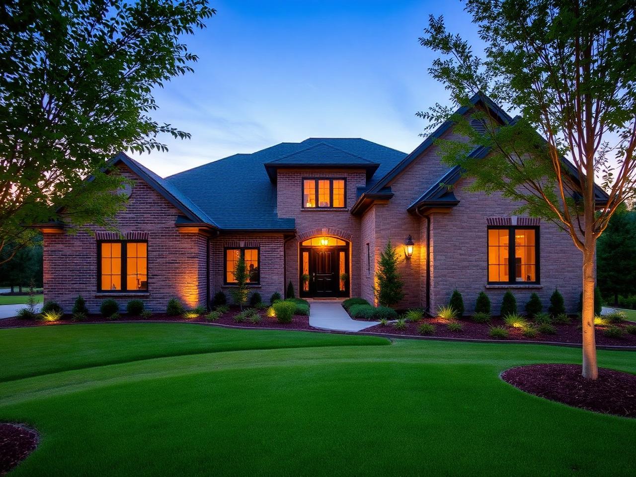 Brick and stone home exterior at twilight